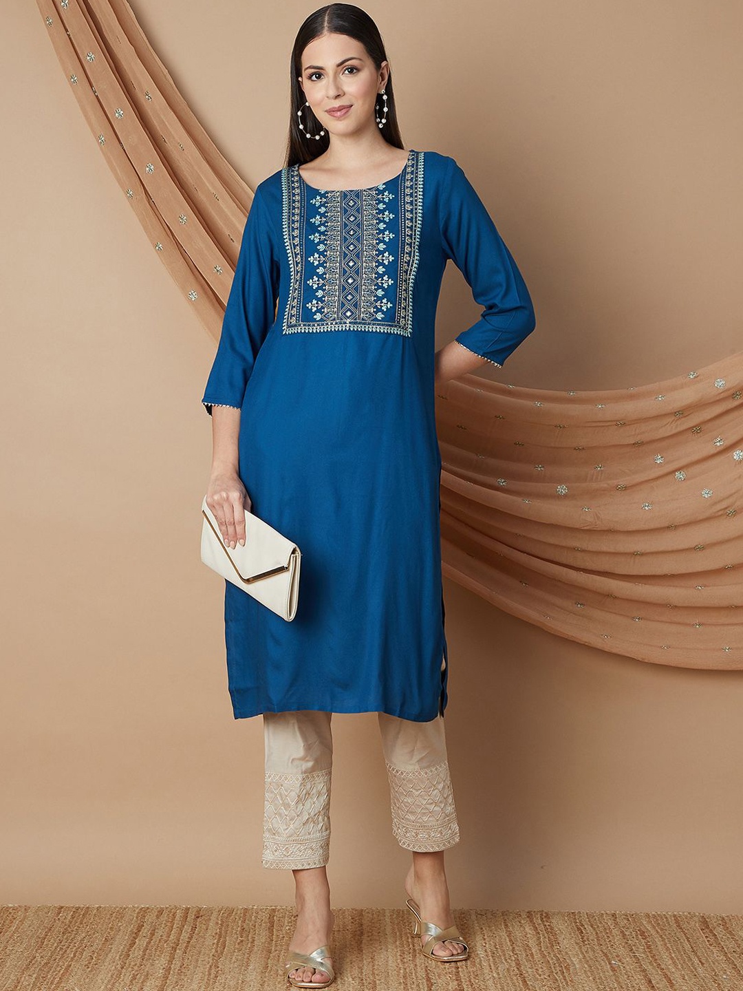 

Melange by Lifestyle Ethnic Motifs Yoke Design Straight Kurta, Blue