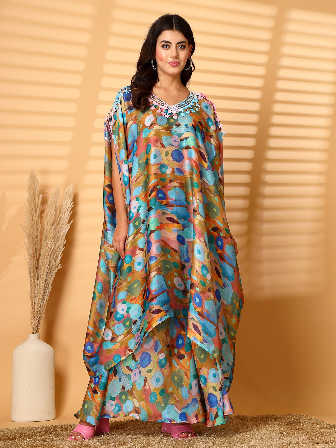 

Clora Creation Geometric Printed Layered Gotta Patti Kaftan Kurta with Sharara, Blue