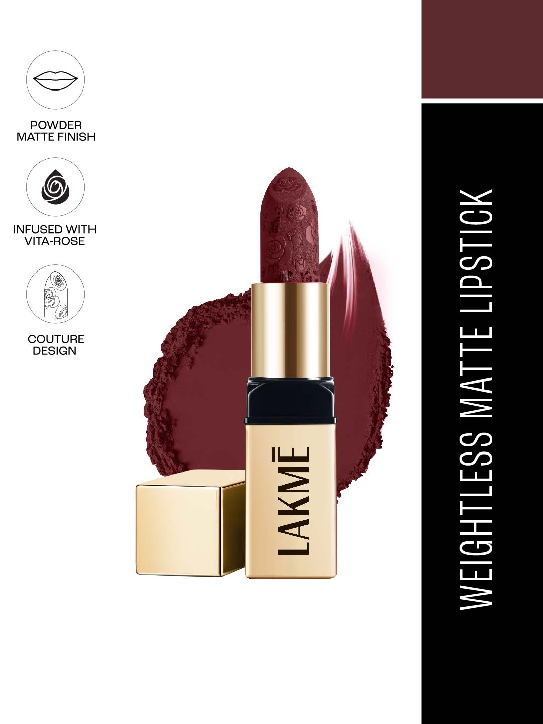 

Lakme Rouge Bloom Long Lasting Powder Matte Bullet Lipstick 4g - Plum Garden 208, Brown