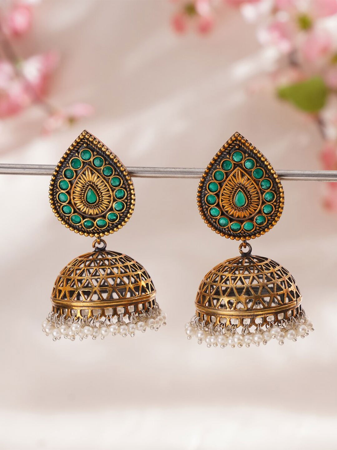 

JAYPORE Dome Shaped Stone Studded & Beaded Jhumkas, Gold