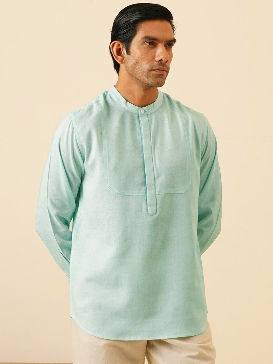 

JAYPORE Band Collar Pure Cotton Straight Short Kurta, Blue