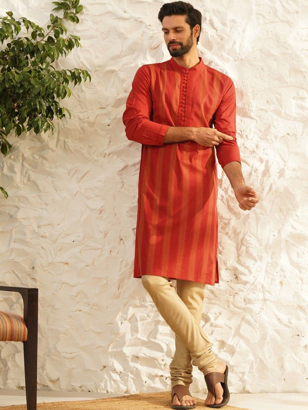 

JAYPORE Striped Mandarin Collar Long Sleeves Pure Cotton Kurta, Rust