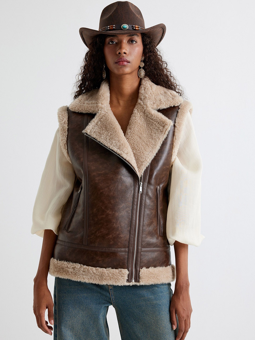 

Koton Notched Lapel Sleeveless Open Front Jacket, Brown