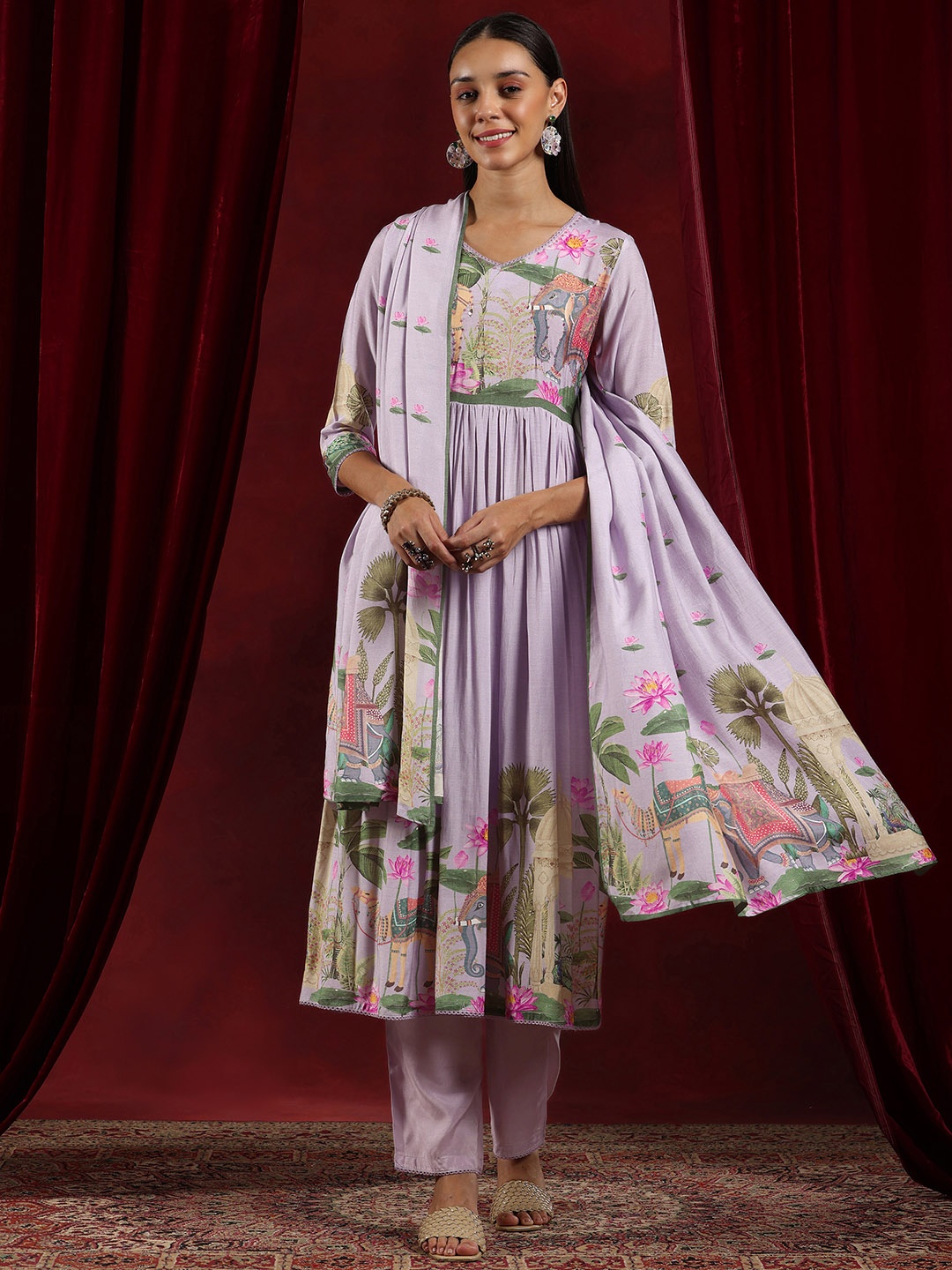 

Libas Art Ethnic Motifs Printed Pleated Sequined Anarkali Kurta With Trousers & Dupatta, Lavender