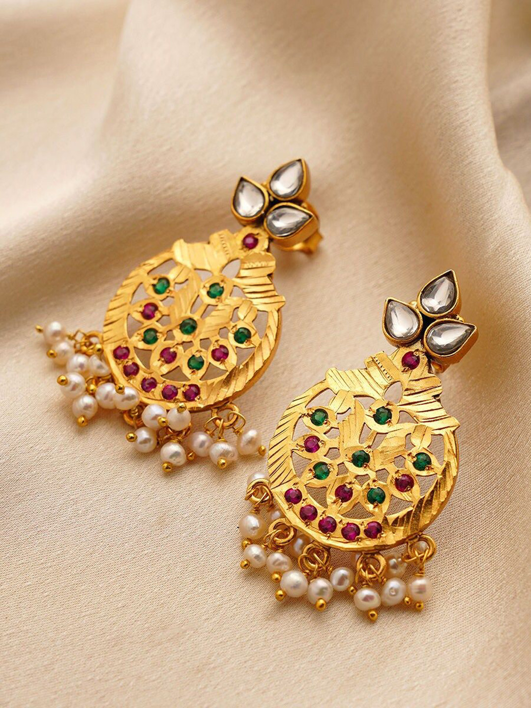 

JAYPORE Kundan Stone Studded & Beaded Drop Earrings, Gold