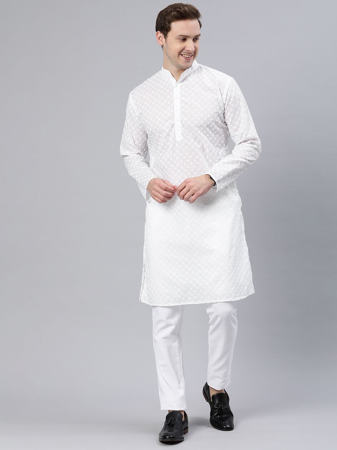 

Majestic Man Geometric Embroidered Straight Kurta, White