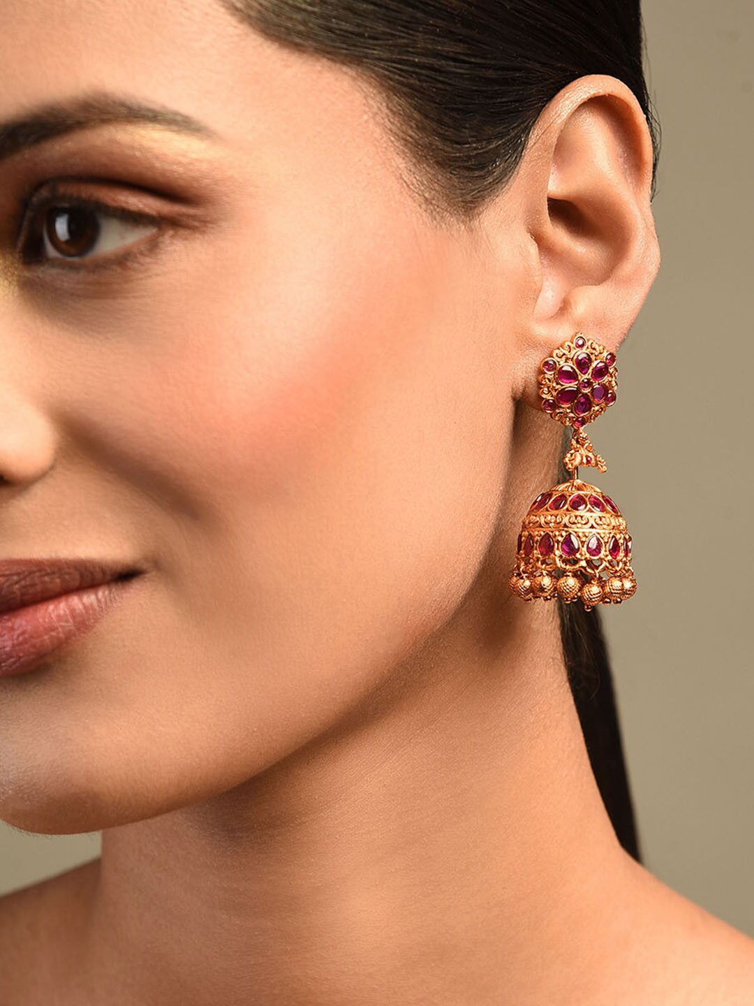 

JAYPORE Dome Shaped Stone Studded Jhumkas, Gold