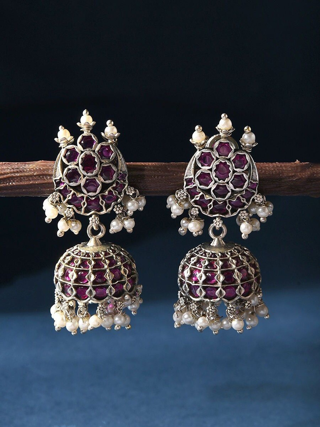 

JAYPORE Silver-Plated Oxidised Contemporary Jhumkas Earrings