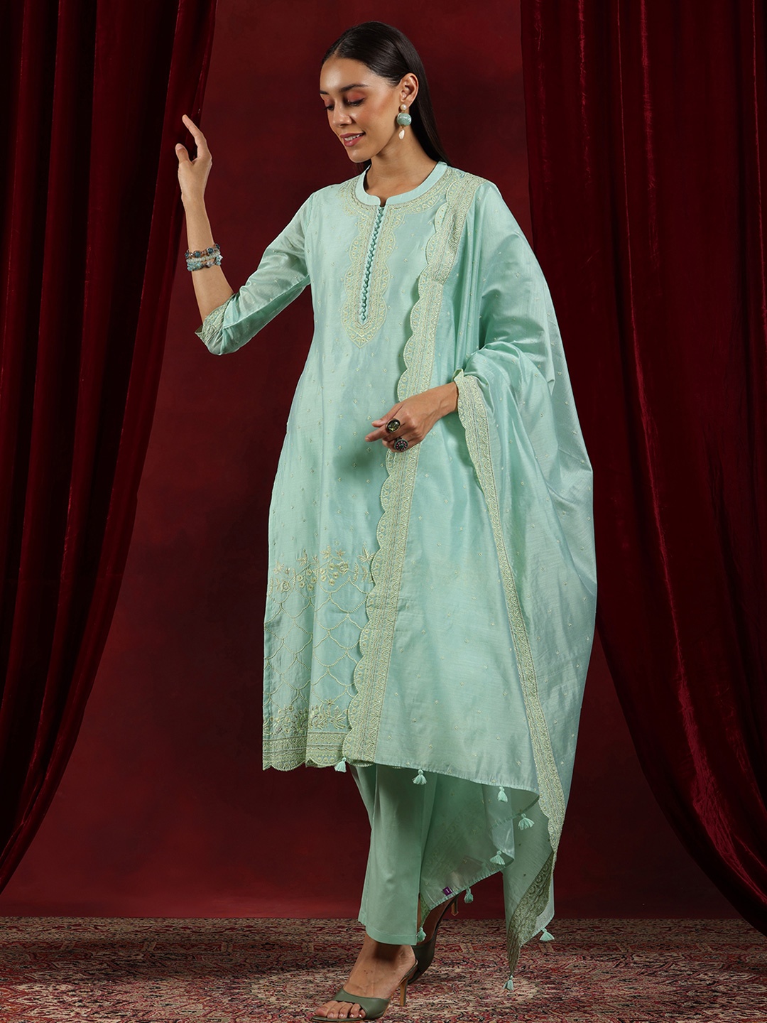 

Libas Art Ethnic Motifs Embroidered Thread Work Chanderi Silk Kurta With Trouser & Dupatta, Sea green