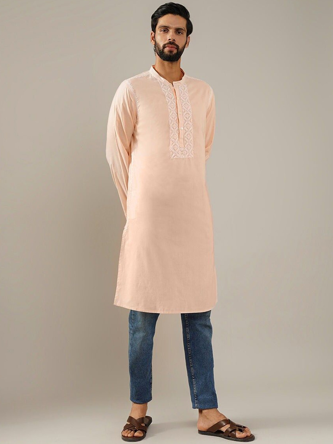 

JAYPORE Embroidered Thread Work Band Collar Cotton Straight Kurta, Peach