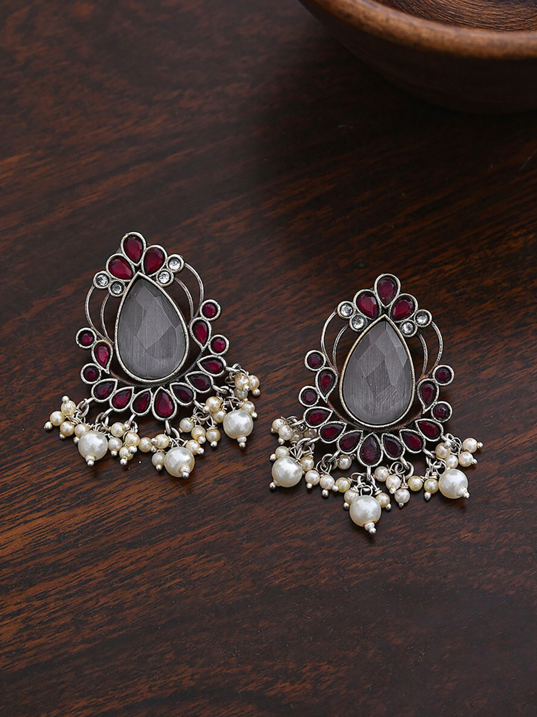 

JAYPORE Silver-Plated Oxidised Contemporary Drop Earrings