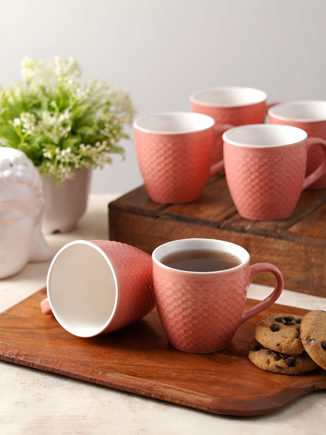 

CDI Pink 6 Pieces Textured Ceramic Glossy Emobossed Cups and Mugs