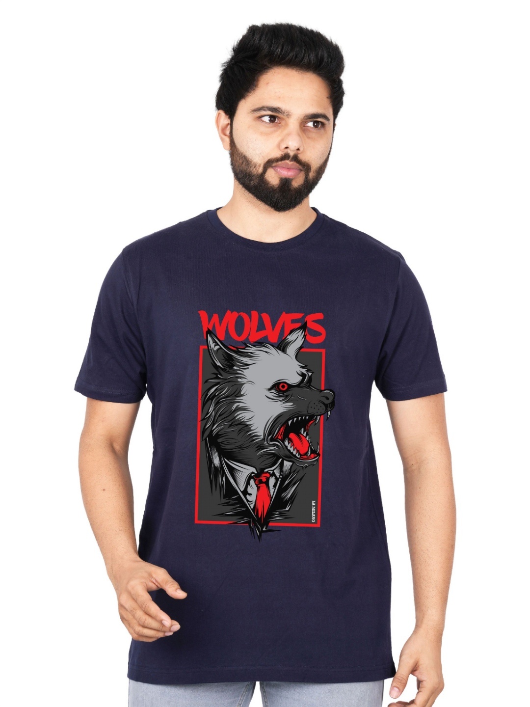 

LA MILANO Men Graphic Printed Round Neck Pure Cotton Slim Fit T-shirt, Navy blue