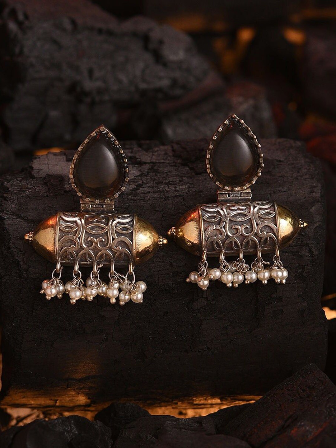

JAYPORE Stone Studded & Beaded Drop Earrings, Silver
