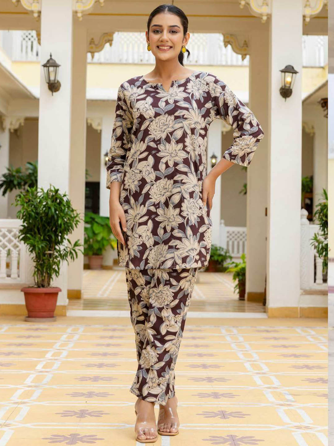 

FERANOID Printed Pure Cotton Tunic With Trousers Co-Ords, Coffee brown
