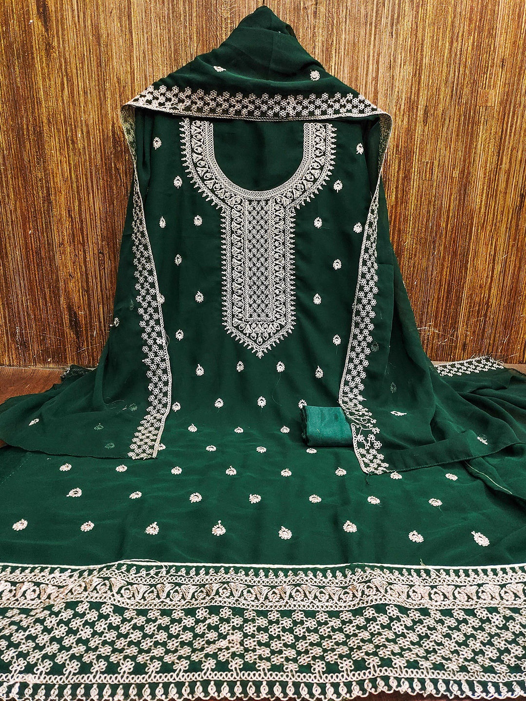 

Maroosh Ethnic Motifs Embroidered Silk Georgette Zari Unstitched Dress Material, Green