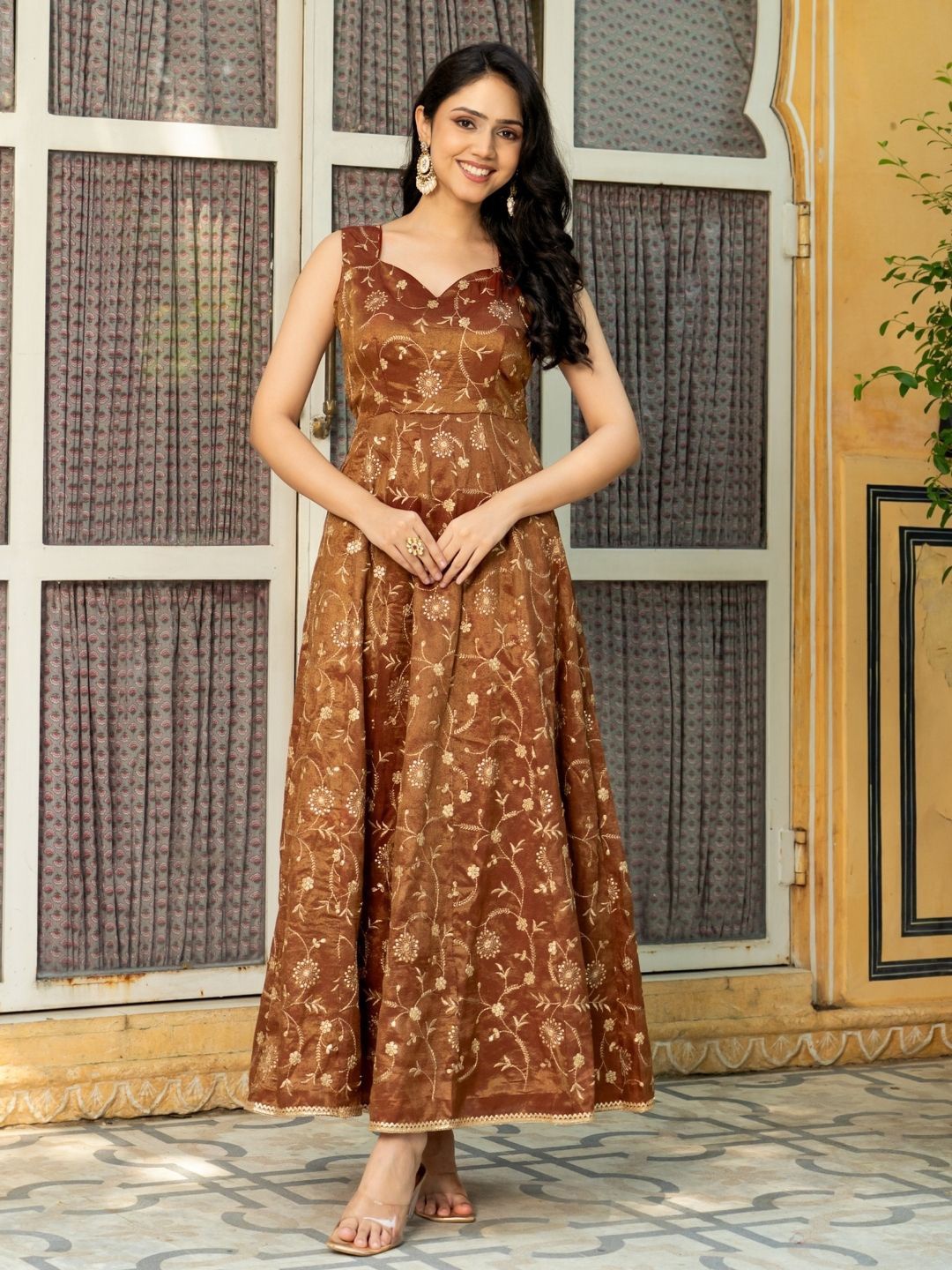 

HOUSE OF JAMOTI Women Ethnic Motifs Embroidered Fit and Flare Dresses, Brown