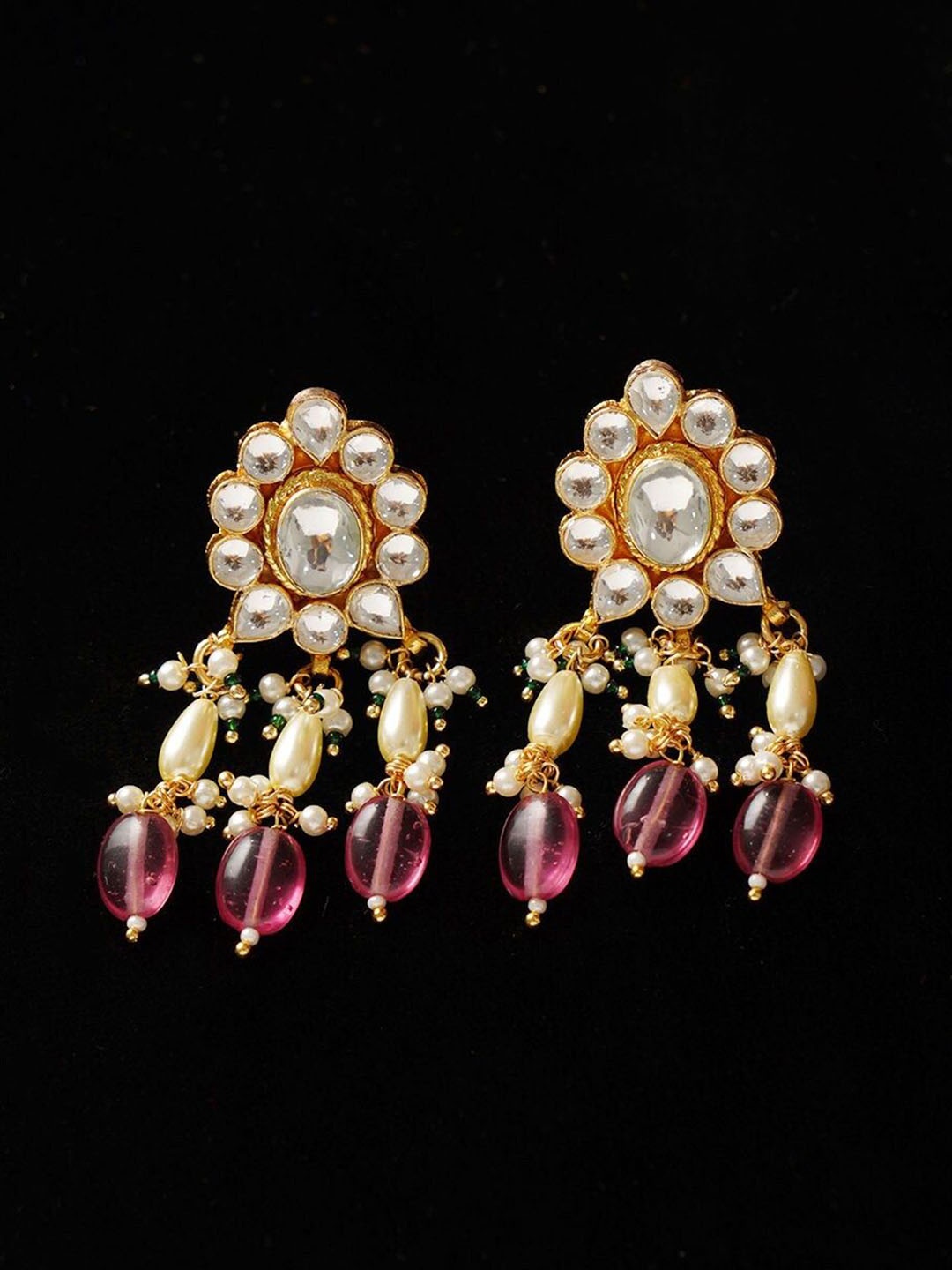 

JAYPORE Gold-Plated Kundan Studded & Beaded Contemporary Drop Earrings