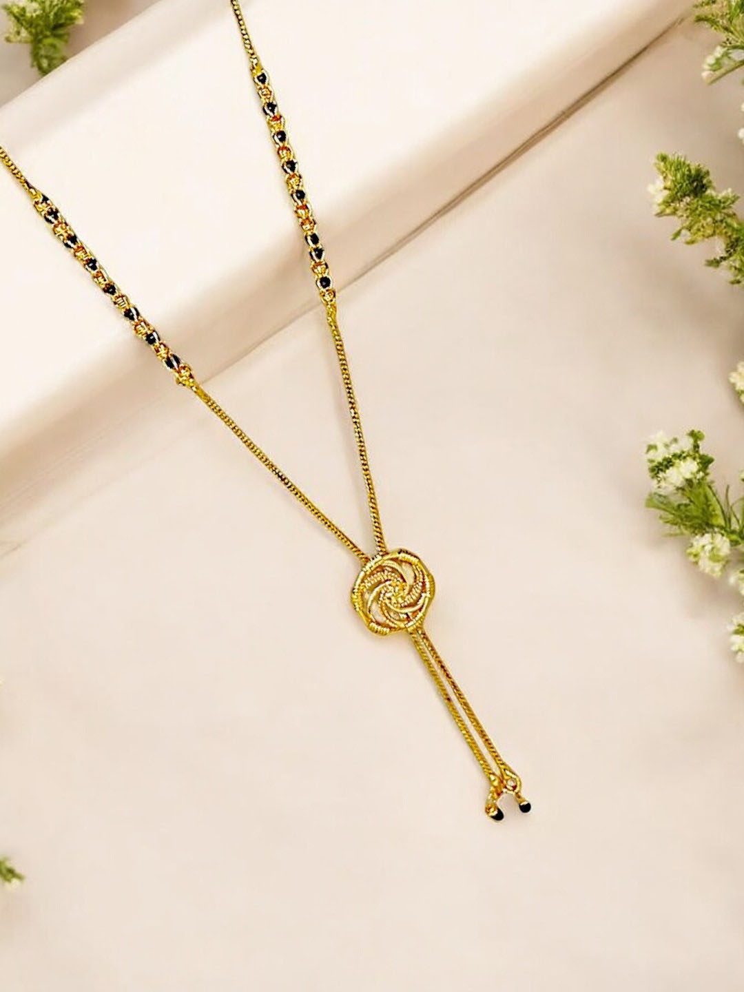 

9blings Gold-Plated Artificial Beads Studded Floral Mangalsutra