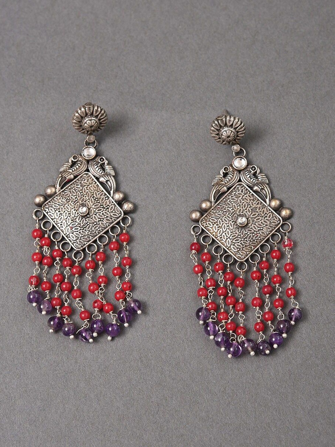 

JAYPORE Silver-Plated Oxidised Contemporary Drop Earrings