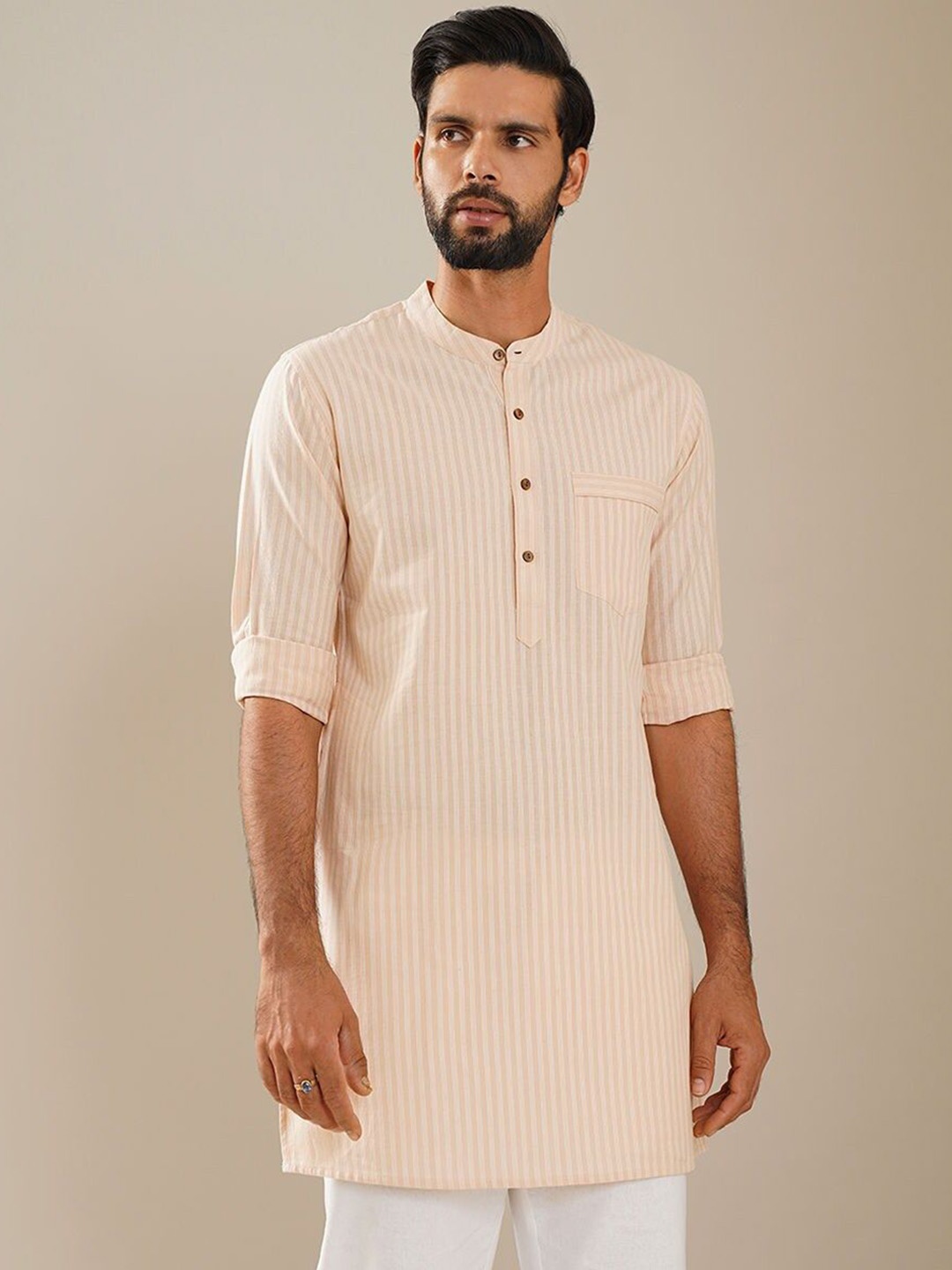 

JAYPORE Striped Mandarin Collar Pure Cotton Straight Kurta, Peach