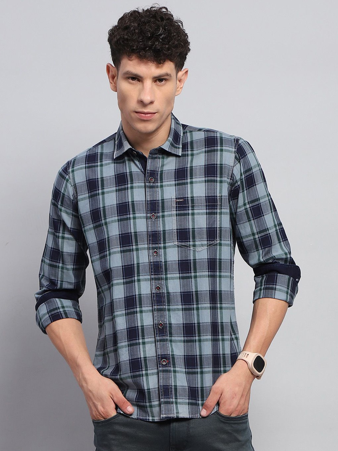 

Monte Carlo Men Spread Collar Tartan Checked Cotton Slim Fit Casual Shirt, Blue