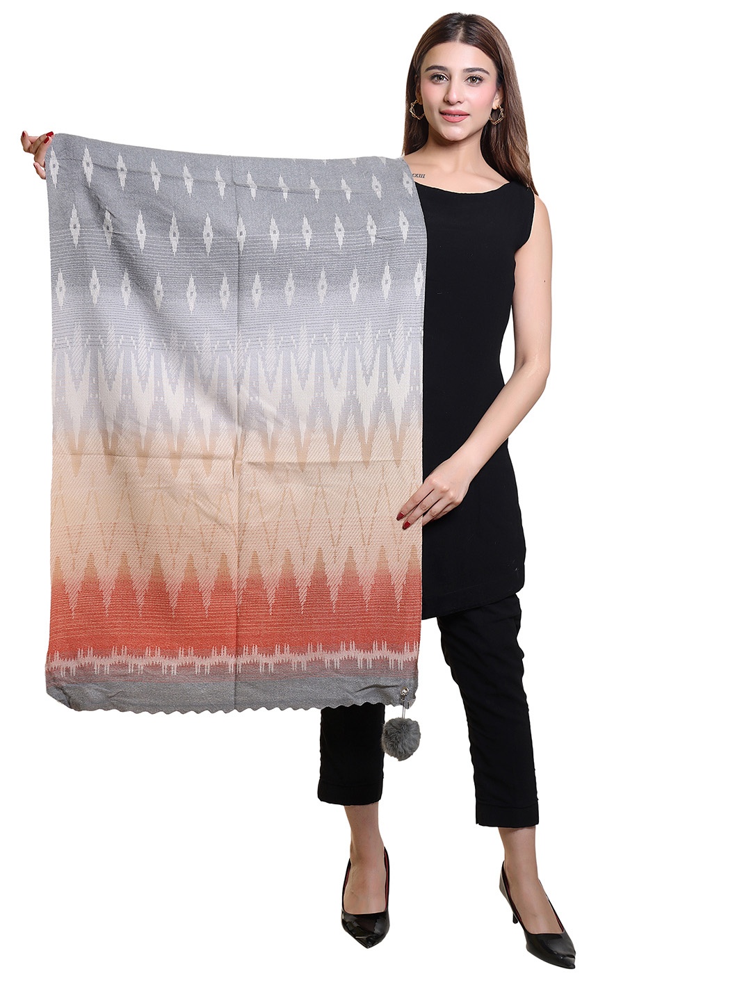 

Oswal International Women Geometric Printed Acrylic Shawl, Grey