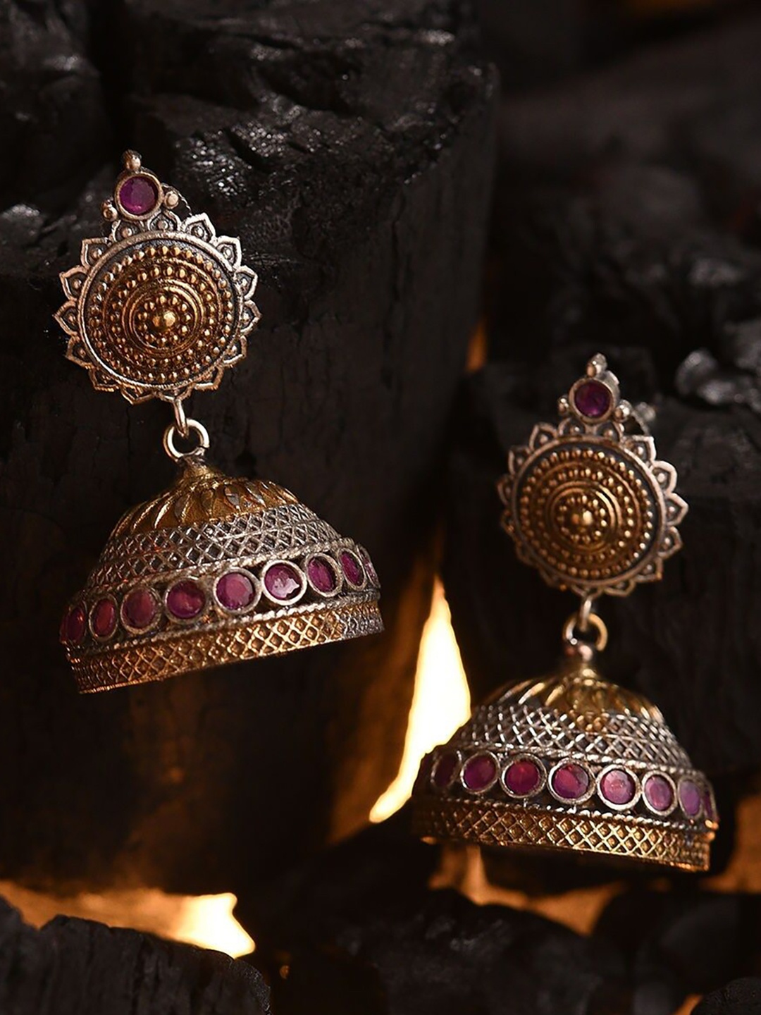 

JAYPORE Contemporary Oxidised Stone Jhumkas Earrings, Silver