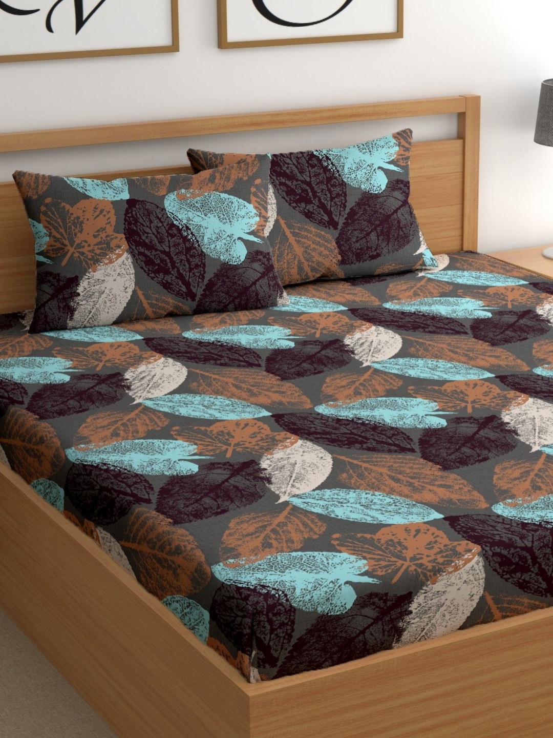 

CHHAVI INDIA Brown & Blue Leaves Printed Microfiber 210 TC Queen Bedsheet Set 2.5 x 2.25 m