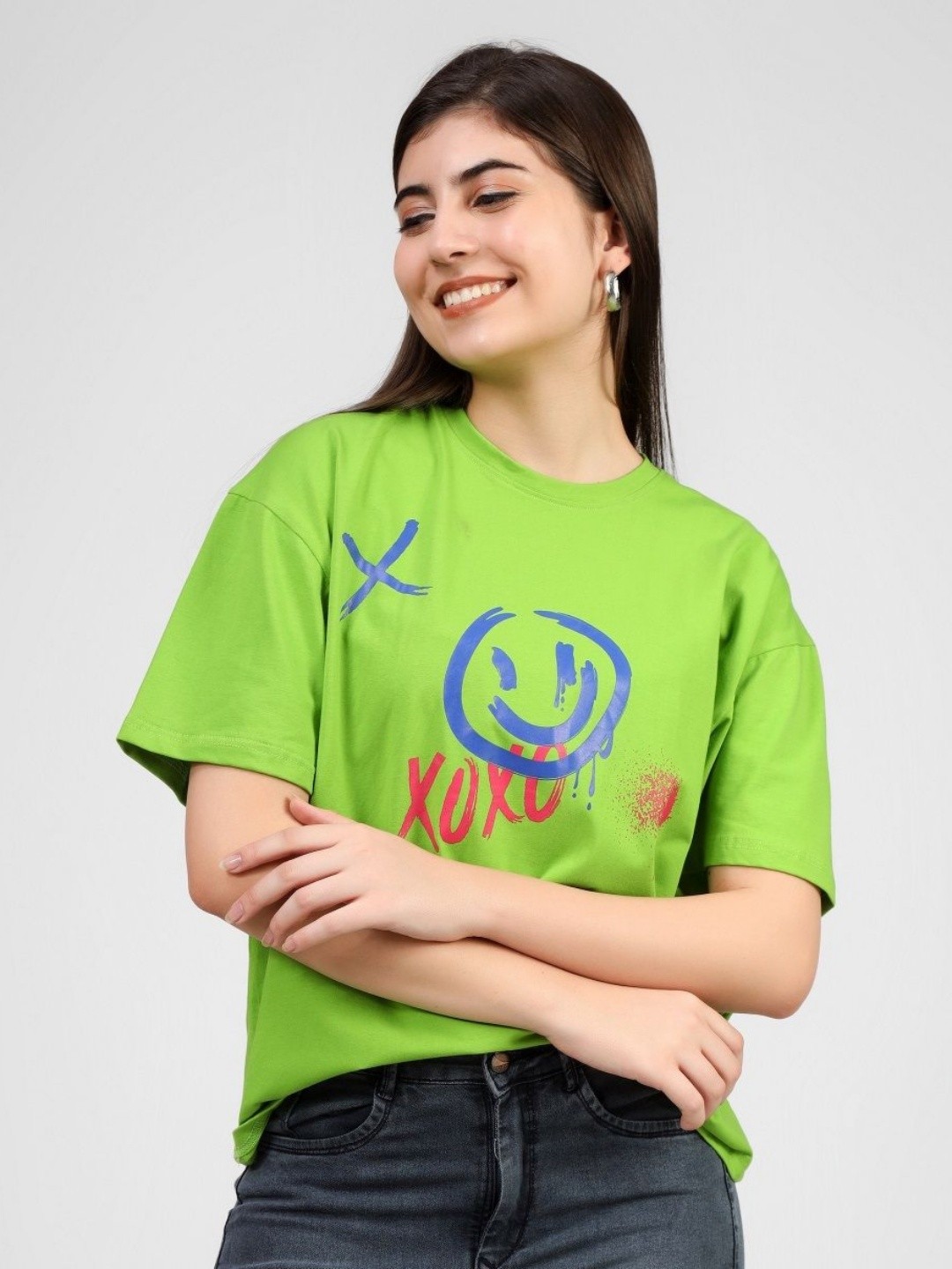 

FILLY Women Graphic Printed Round Neck Cotton Oversized T-shirt, Green