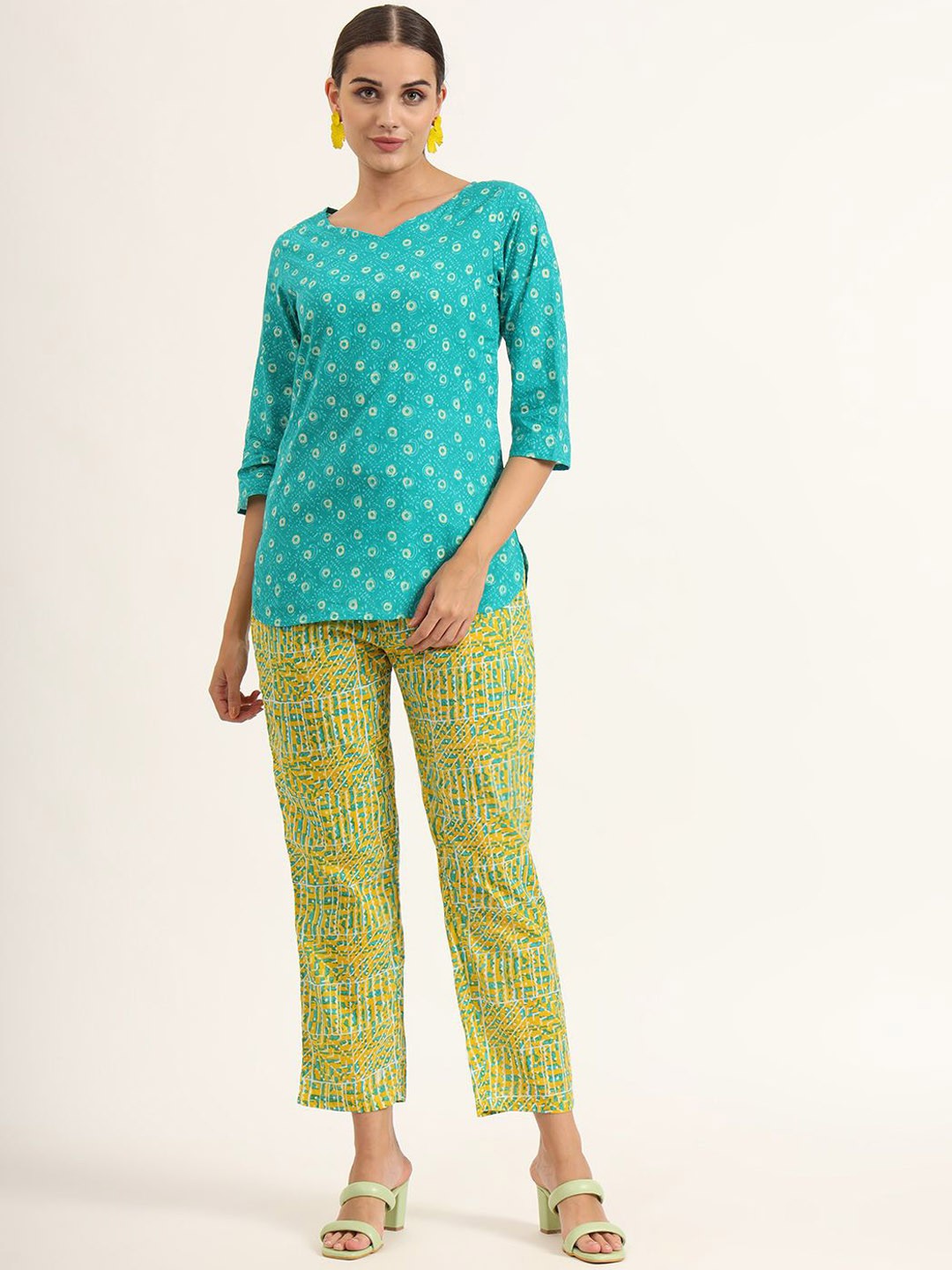 

KALINI Printed Pure Cotton Tunic & Trousers Co-Ords, Turquoise blue