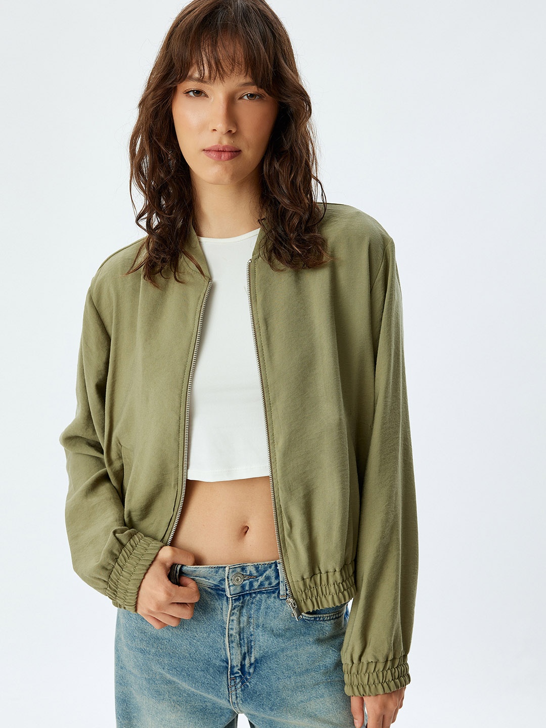

Koton Women Stand Collar Solid Casual Open Front Jacket, Green
