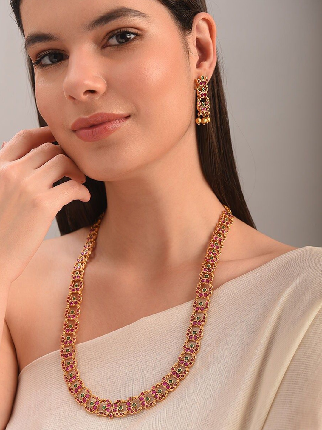 

JAYPORE Artificial Stones & Beads Studded Jewellery Set, Gold