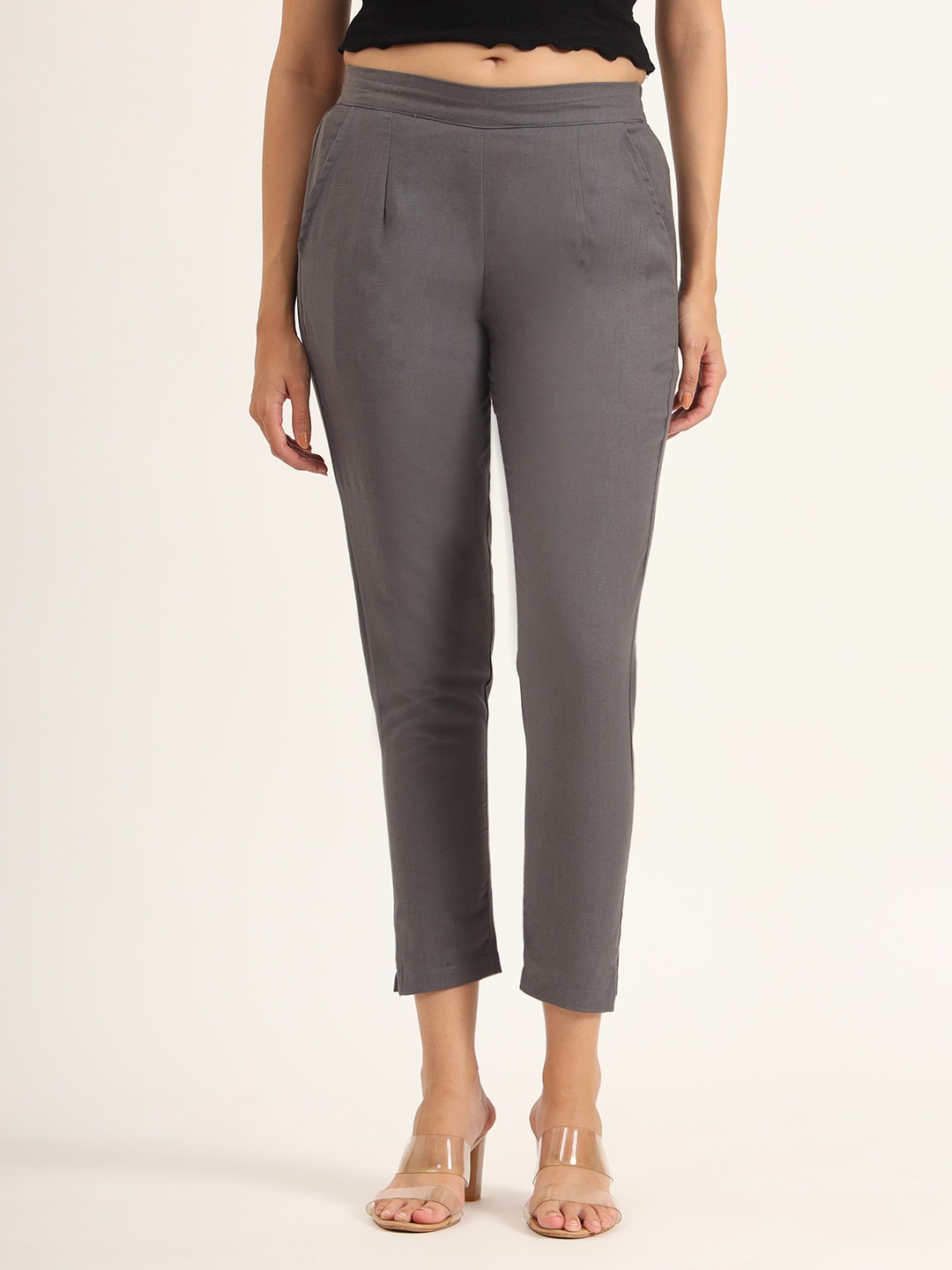 

KALINI Women Solid Cotton Smart Regular Trousers, Grey