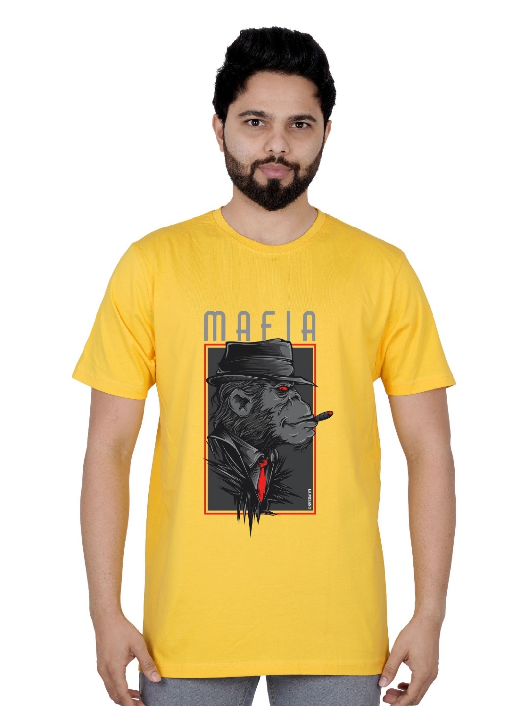 

LA MILANO Men Graphic Printed Round Neck Pure Cotton Slim Fit T-shirt, Yellow