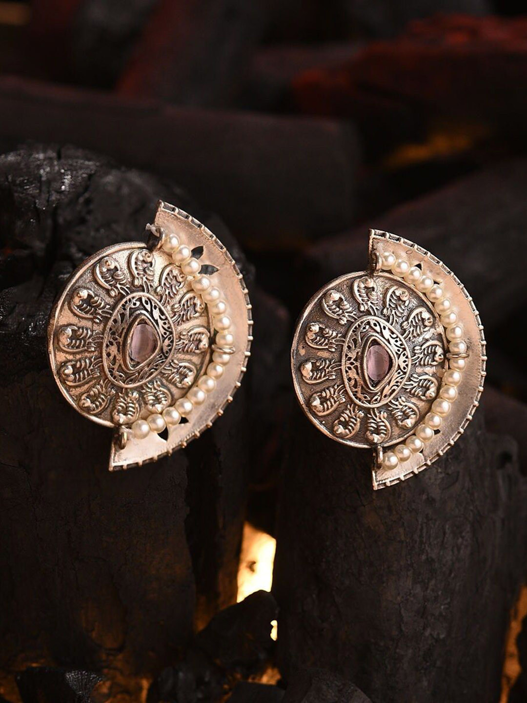 

JAYPORE Stone Studded Contemporary Studs, Silver