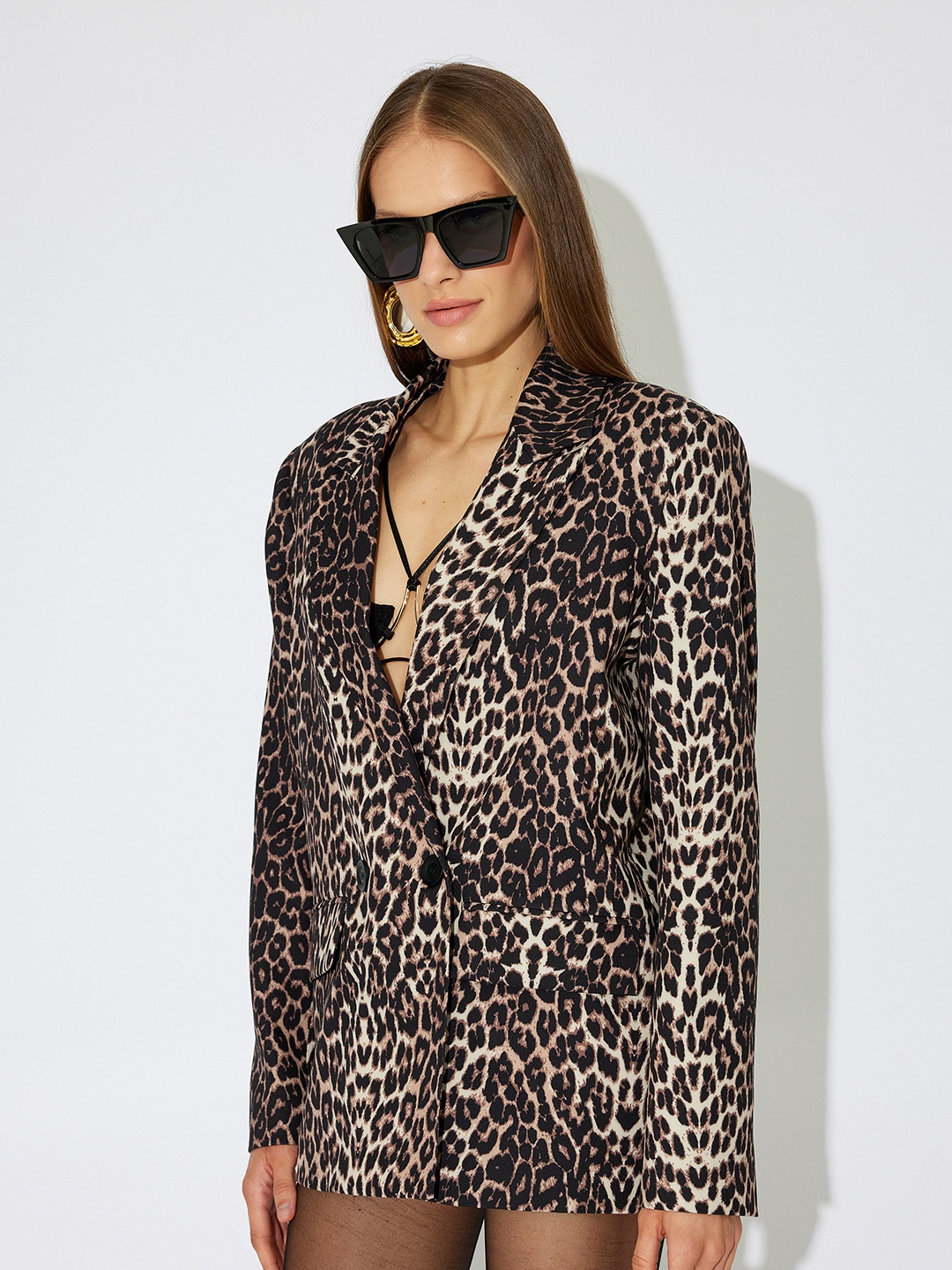 

Koton Women Lapel Collar Animal Printed Casual Tailored Jacket, Black
