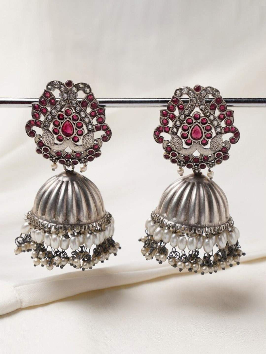 

JAYPORE Dome Shaped Stone Jhumkas Earrings, Silver