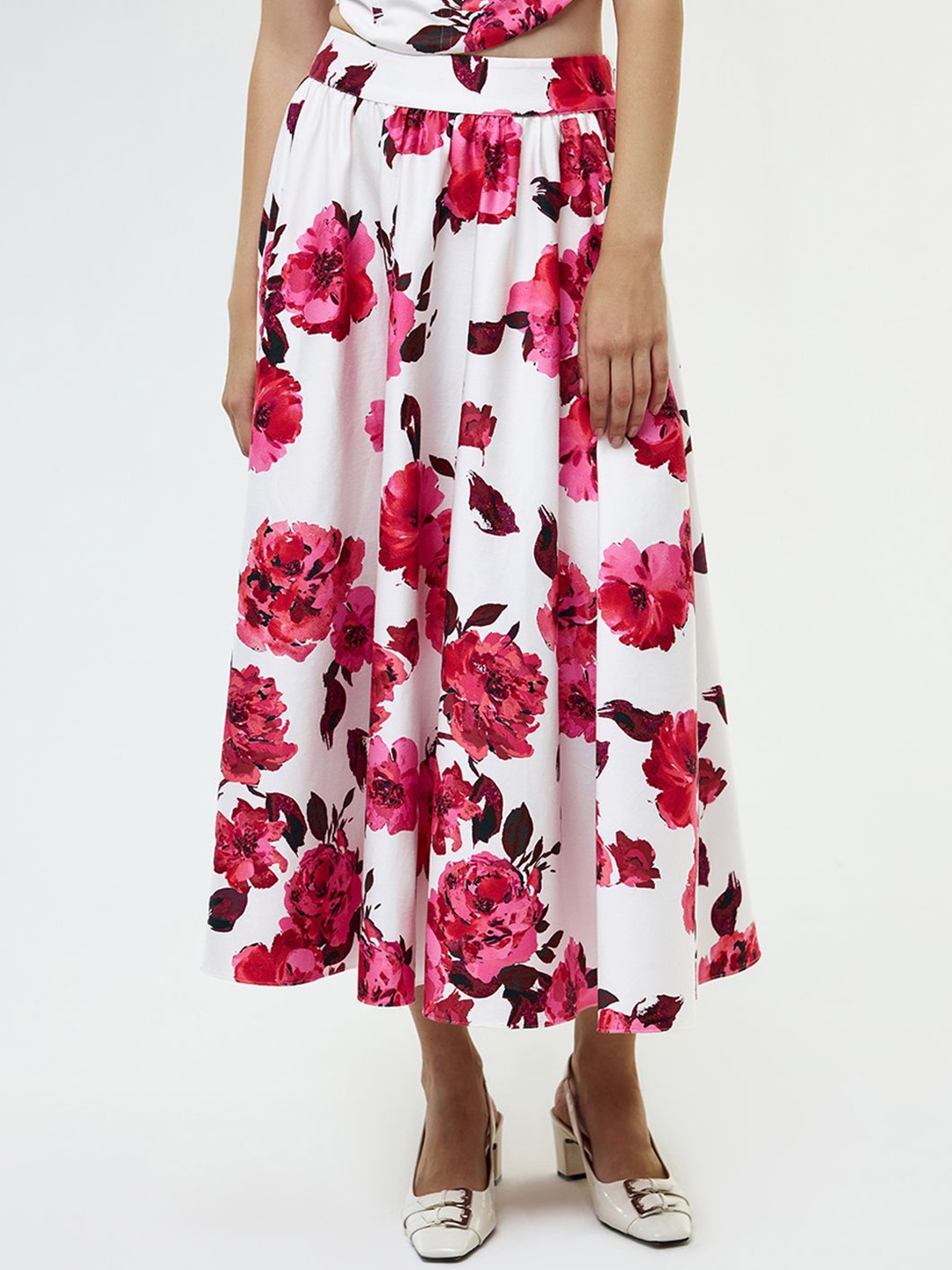 

COVER STORY Floral Printed Pleated Flared Maxi Skirts, White