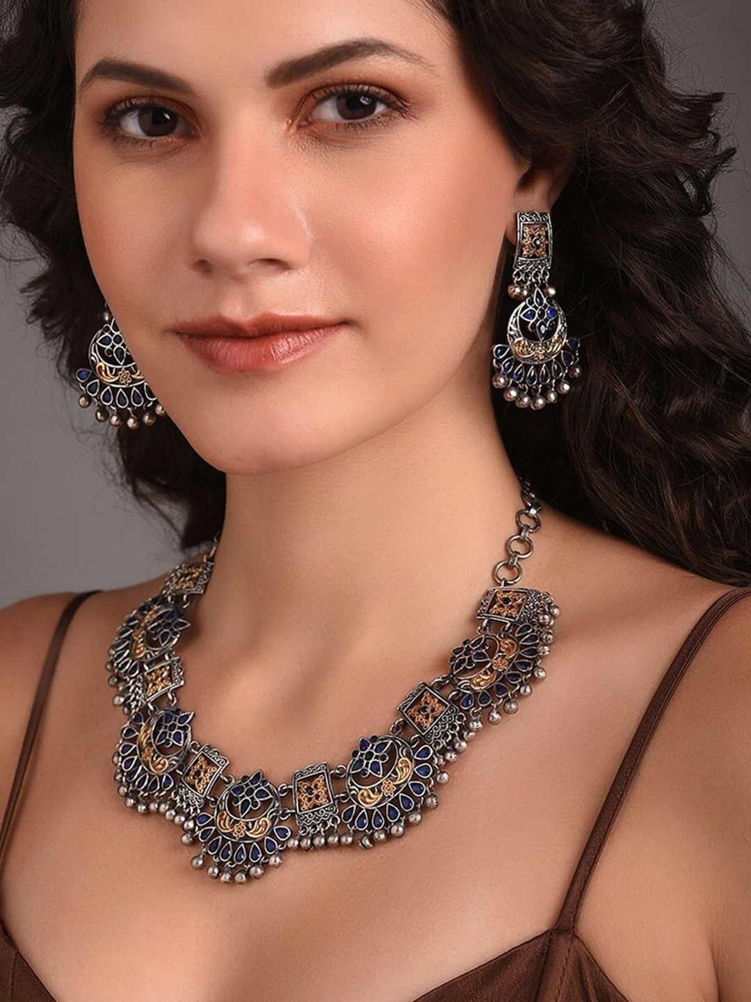 

JAYPORE Silver-Plated Stone Studded Jewellery Set