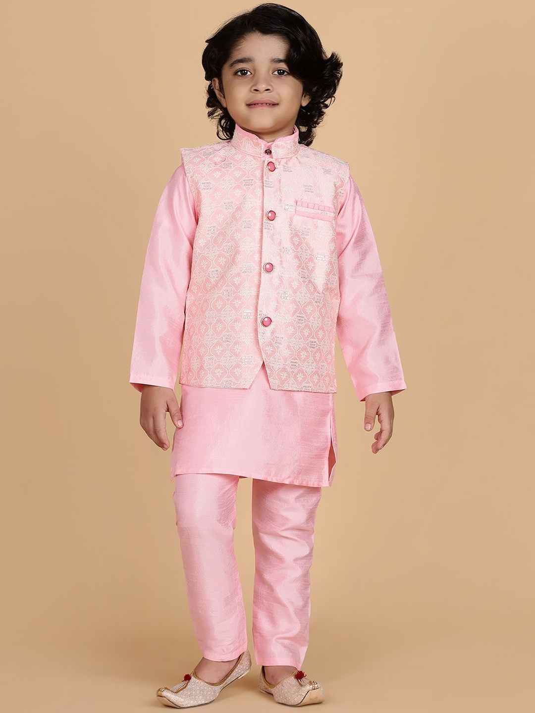

Ridokidz Boys Mandarin Collar Straight Kurta With Pyjama & Nehru jacket, Pink