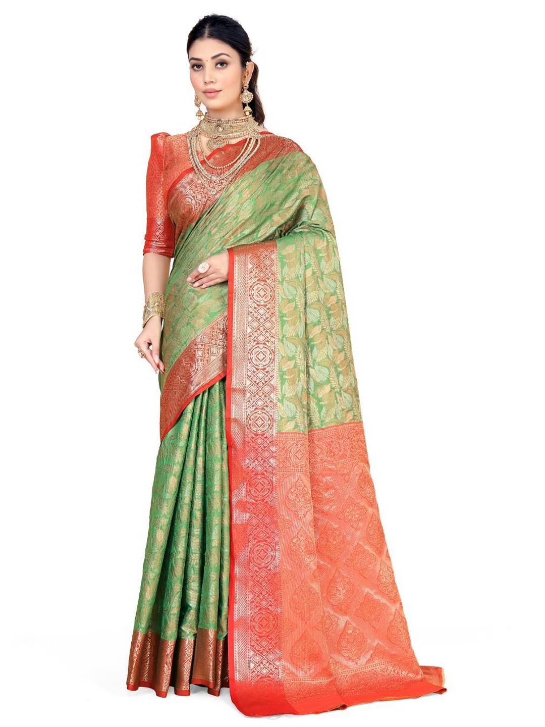 

JAY FASHION Ethnic Motifs Zari Traditional Banarasi Saree, Green