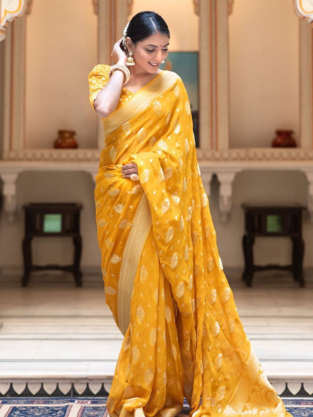 

MAHALASA Ethnic Motifs Woven Design Zari Kanjeevaram Saree, Yellow