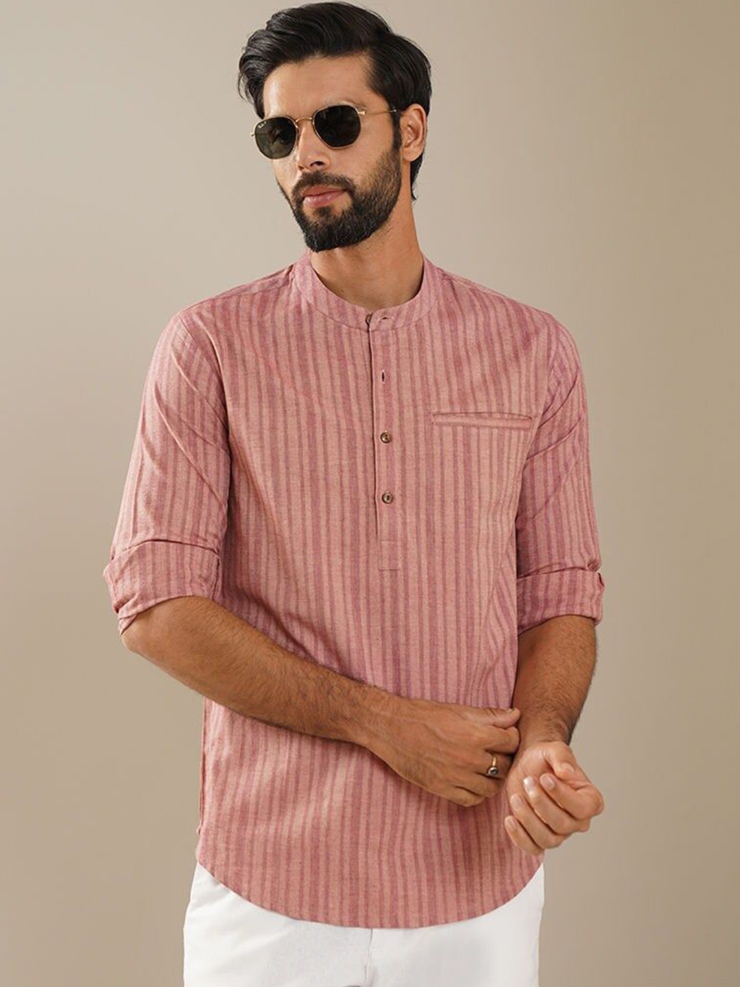 

JAYPORE Striped Woven Design Band Collar Straight Kurta, Pink