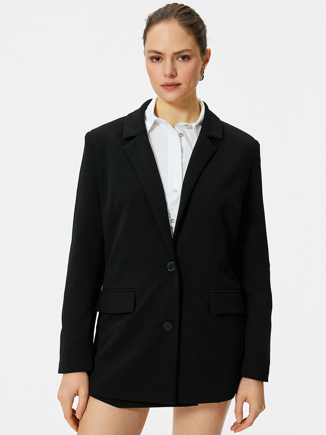 

Koton Women Lapel Collar Solid Casual Tailored Jacket, Black