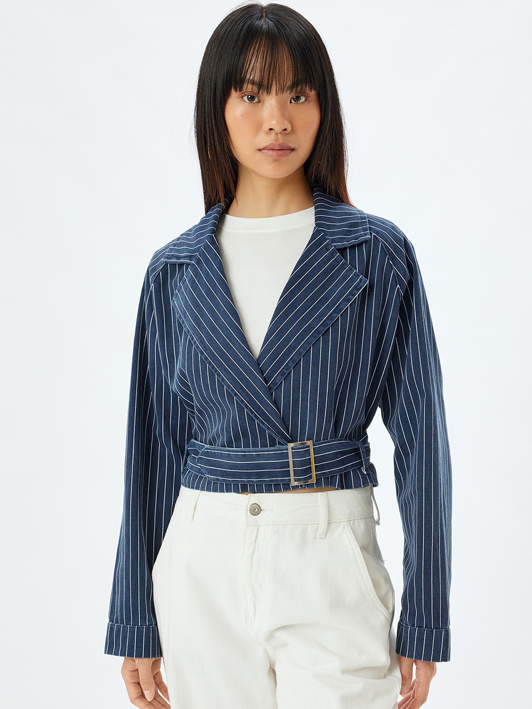 

Koton Women Lapel Collar Striped Cotton Casual Tailored Jacket, Navy blue