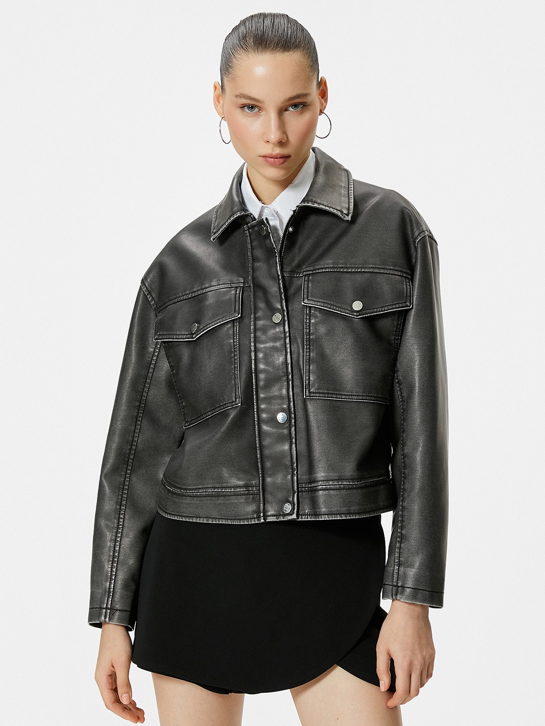 

Koton Women Spread Collar Solid Casual Leather Jacket, Black