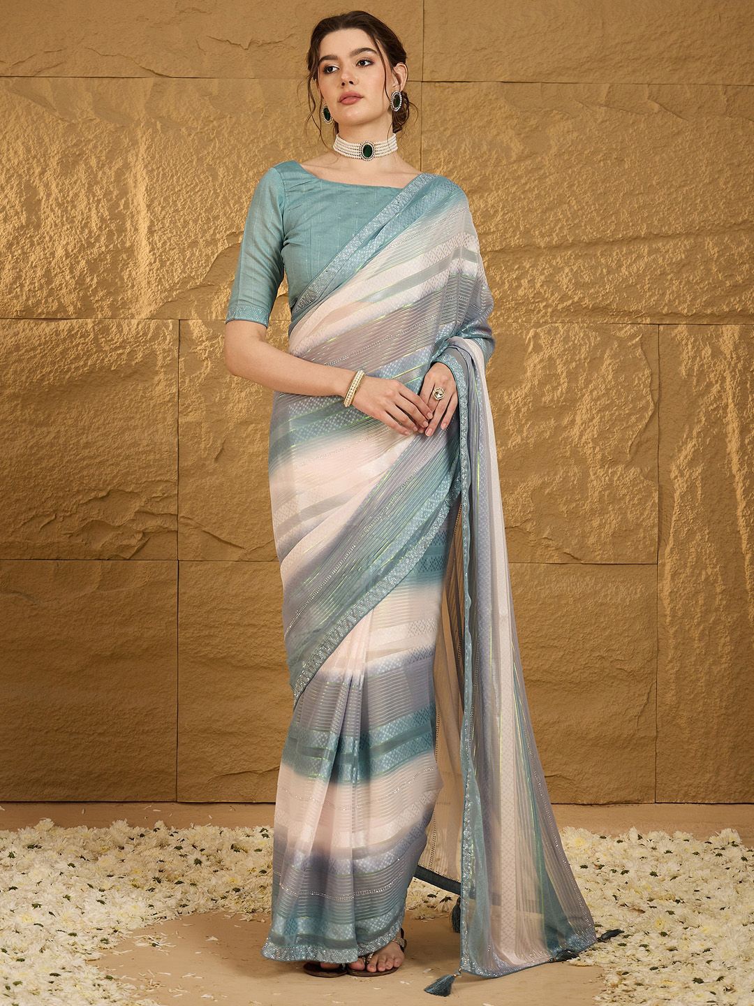 

Anouk Striped Beads and Stones Poly Chiffon Saree, Blue