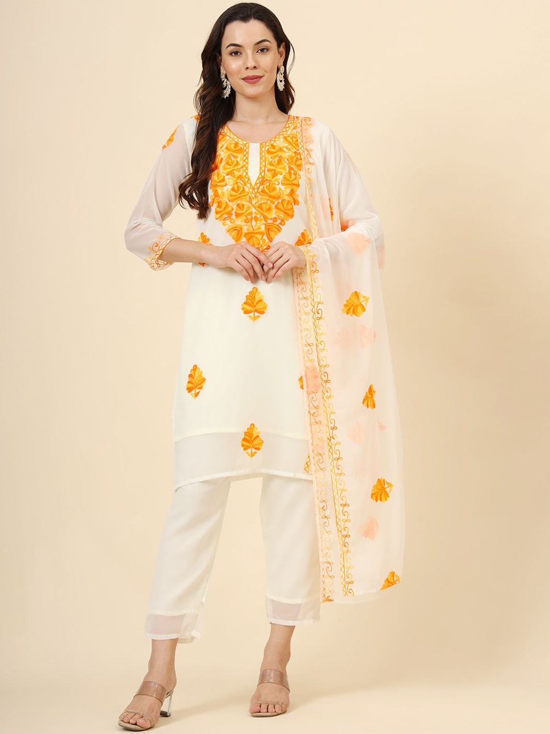 

HERE&NOW Floral Embroidered Round Neck Thread Work Kurta With Trouser With Dupatta, Yellow