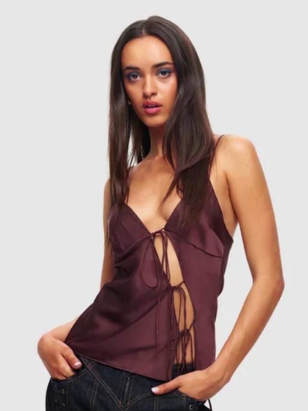 

MIAKEE Women Sweetheart Neck Party Top, Brown
